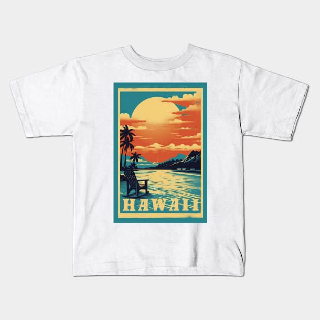 Hawaii Vintage Retro Travel Poster Kids T-Shirt by GreenMary Design